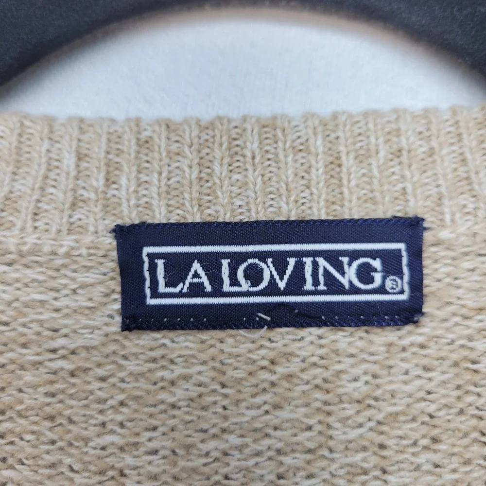 LA LOVING Sweater Vintage Mens L Beige Waffle Knit Crewneck Long Sleeve Pullover